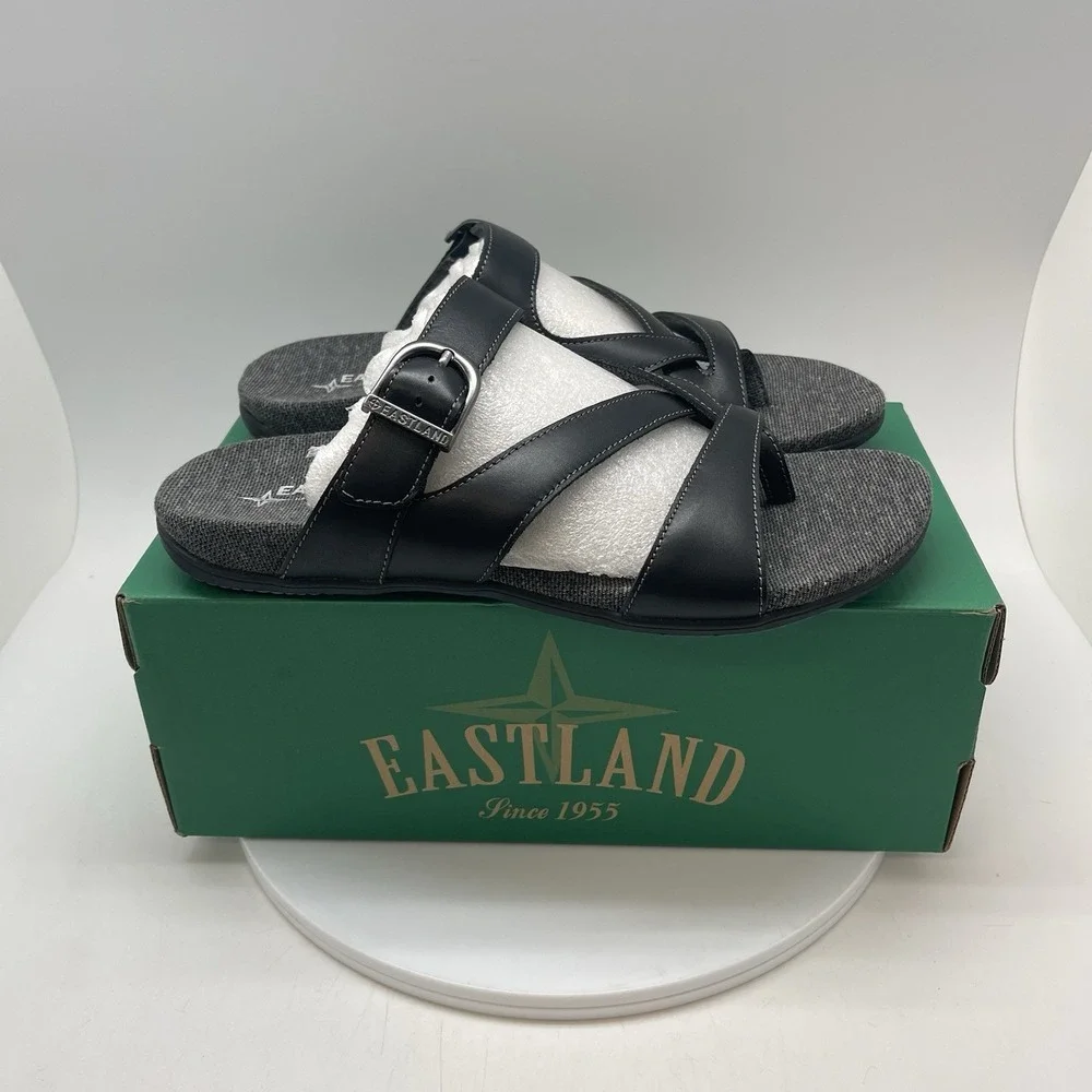 Eastland Bar Harbor Womens 11 Black Leather Strappy Slip Ons Shoes 3290-01M New